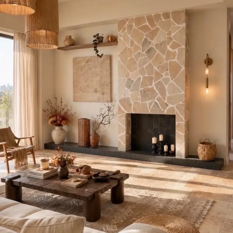 Cream Crazy Paving for Fireplace Wall